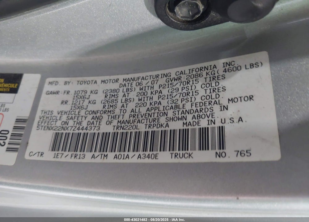2007 TOYOTA TACOMA VIN: 5TENX22NX7Z444373