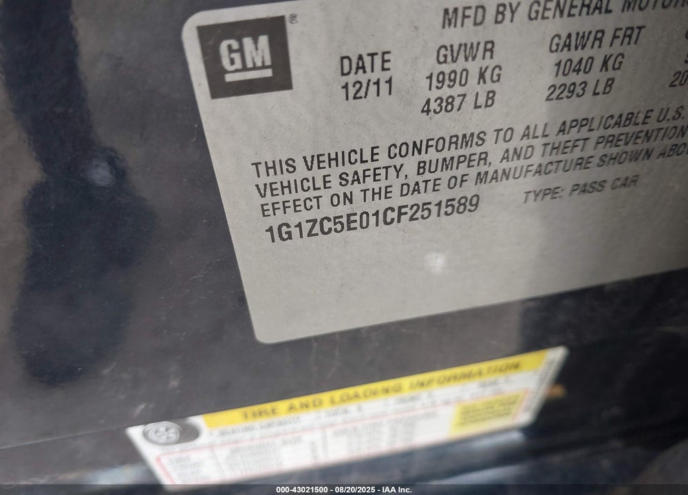 2012 CHEVROLET MALIBU VIN: 1G1ZC5E01CF251589
