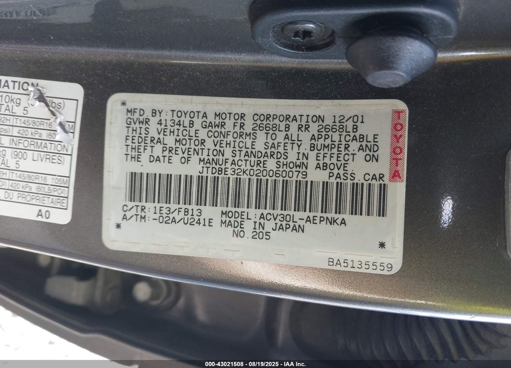 2002 TOYOTA CAMRY LE VIN: JTDBE32K020060079