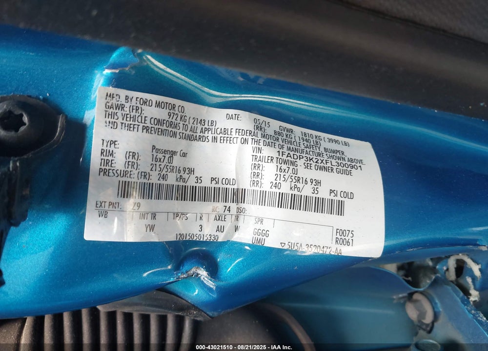 2015 FORD FOCUS VIN: 1FADP3K2XFL300901