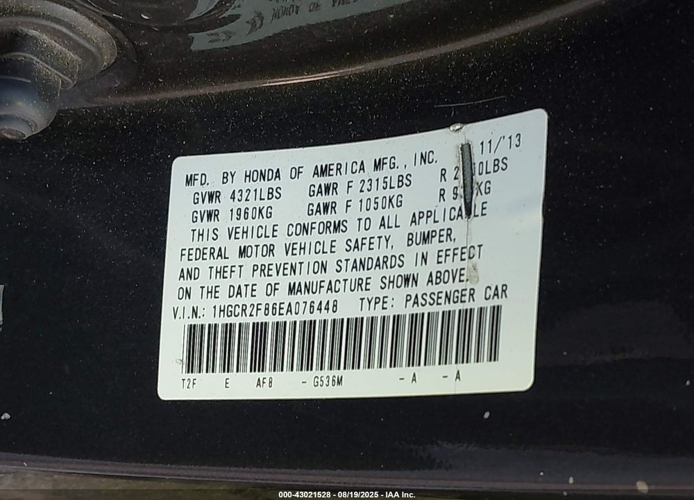 2014 HONDA ACCORD VIN: 1HGCR2F86EA076448