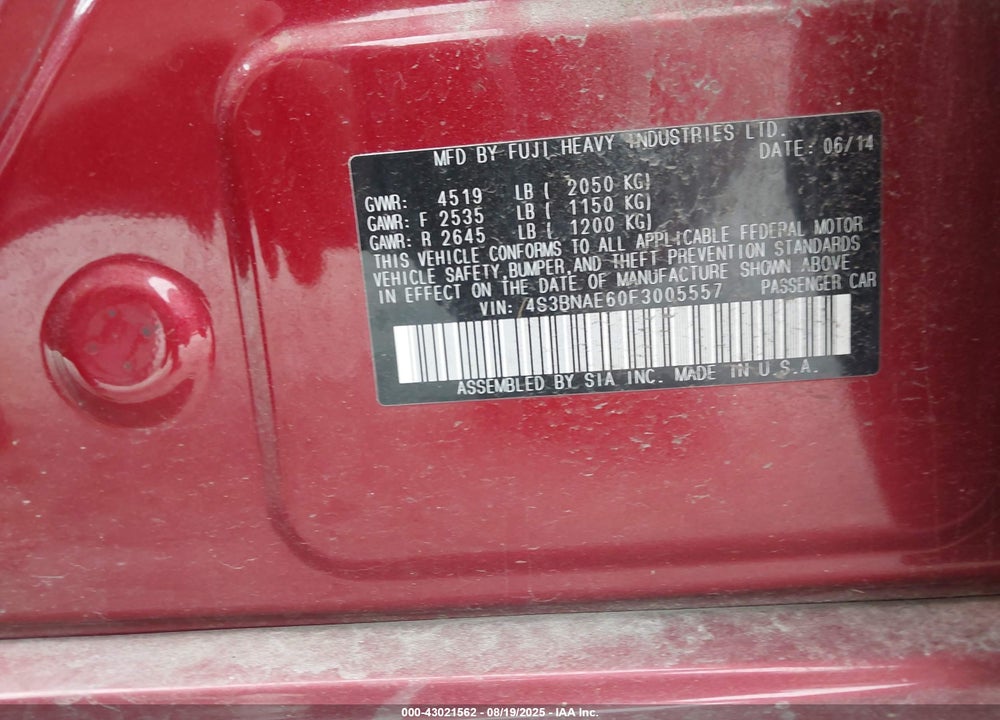 2015 SUBARU LEGACY VIN: 4S3BNAE60F3005557