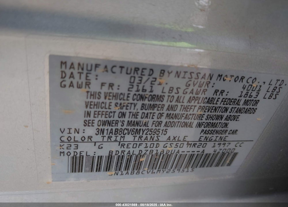 2021 NISSAN SENTRA VIN: 3N1AB8CV6MY259515