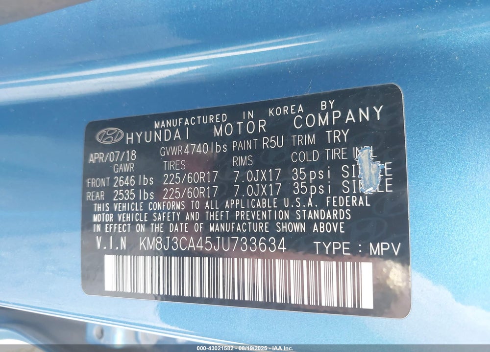 2018 HYUNDAI TUCSON VIN: KM8J3CA45JU733634