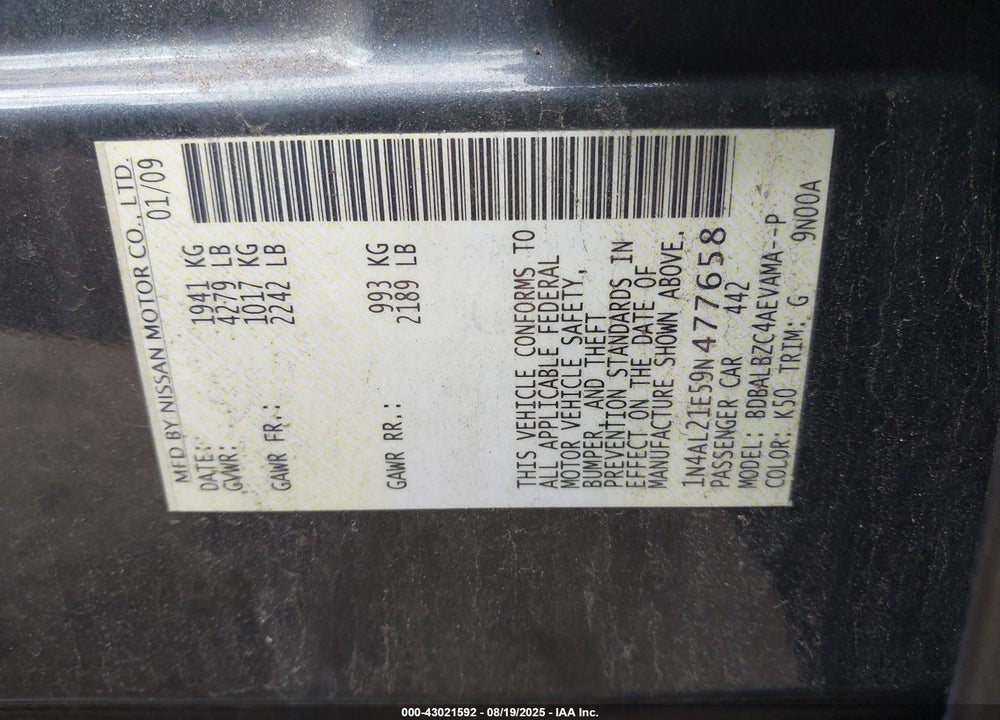 2009 NISSAN ALTIMA VIN: 1N4AL21E59N477658
