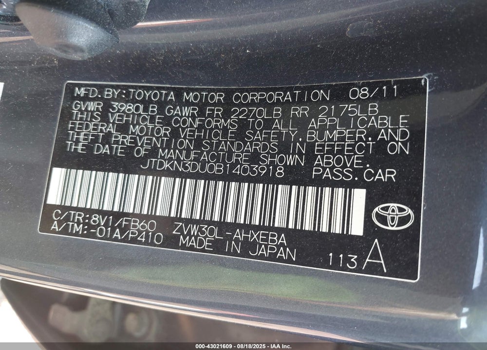 2011 TOYOTA PRIUS VIN: JTDKN3DU0B1403918
