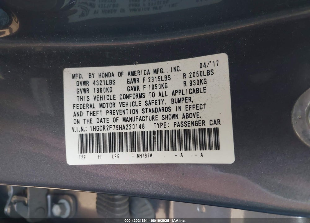 2017 HONDA ACCORD VIN: 1HGCR2F79HA220148