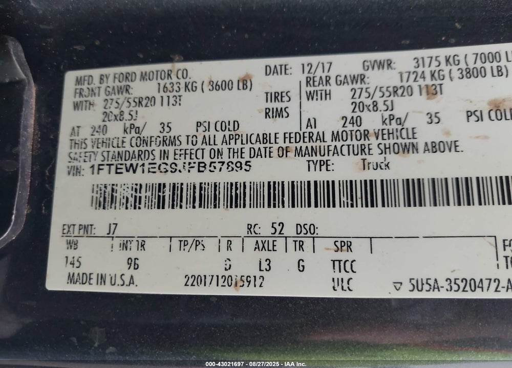 2018 FORD F-150 VIN: 1FTEW1EG9JFB57895