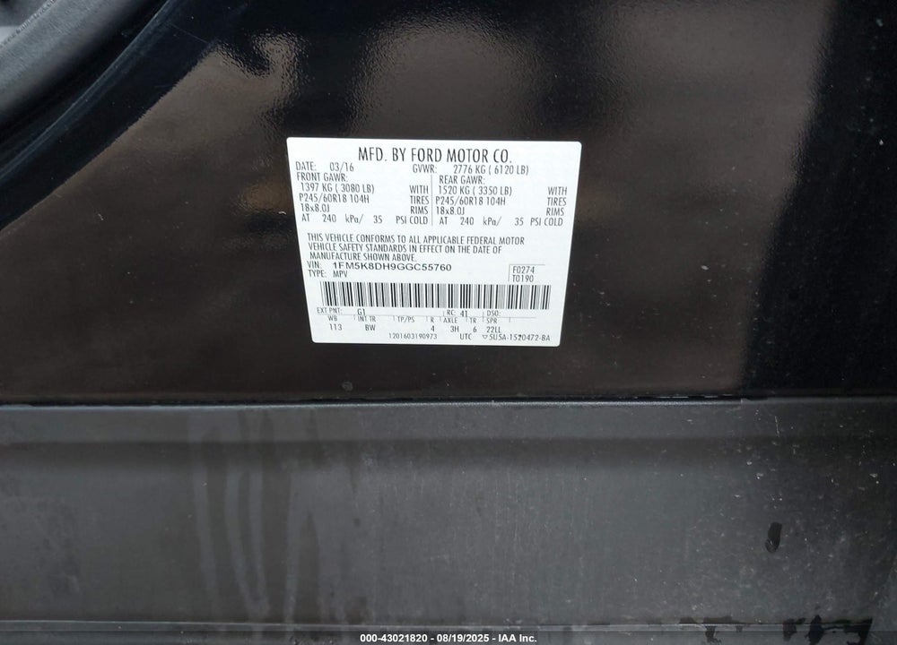 2016 FORD EXPLORER XLT VIN: 1FM5K8DH9GGC55760