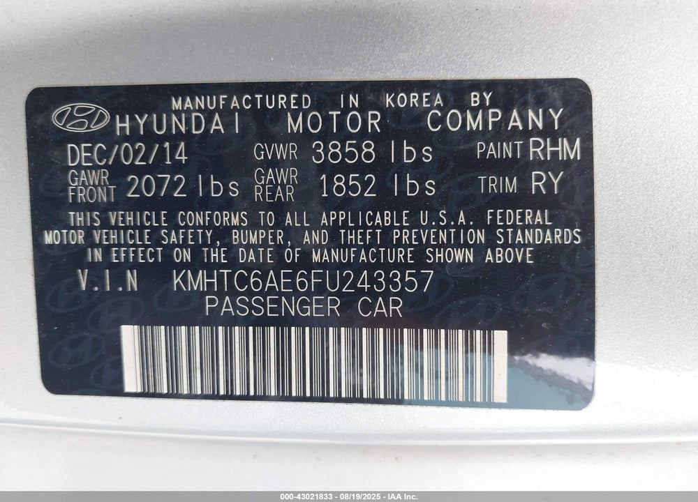 2015 HYUNDAI VELOSTER VIN: KMHTC6AE6FU243357