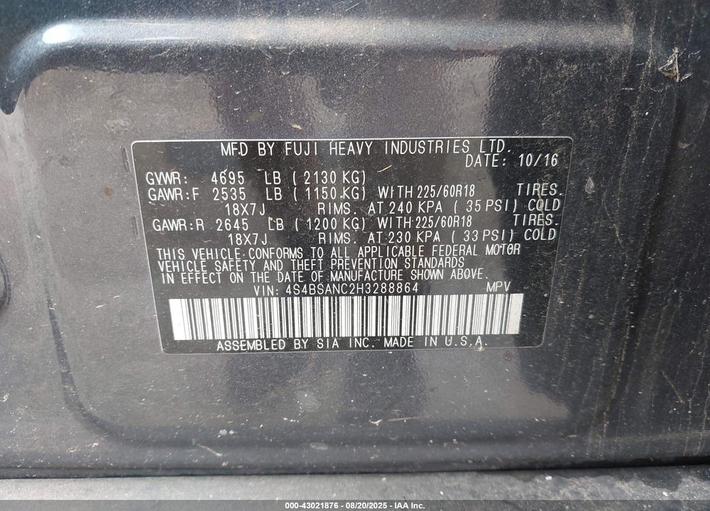 2017 SUBARU OUTBACK 2.5I LIMITED VIN: 4S4BSANC2H3288864