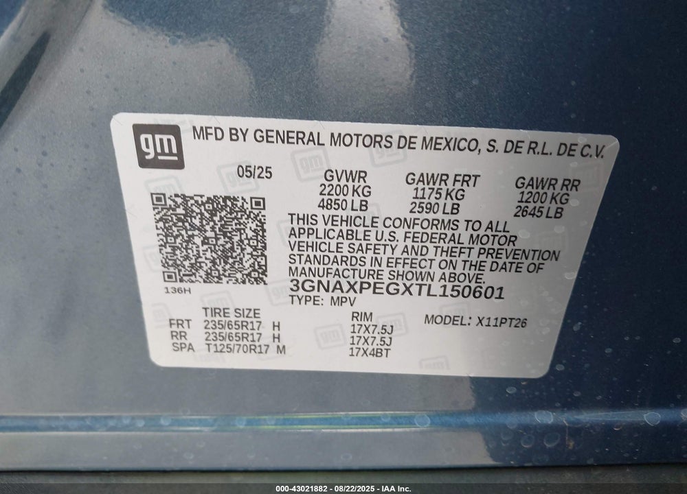 2026 CHEVROLET EQUINOX VIN: 3GNAXPEGXTL150601
