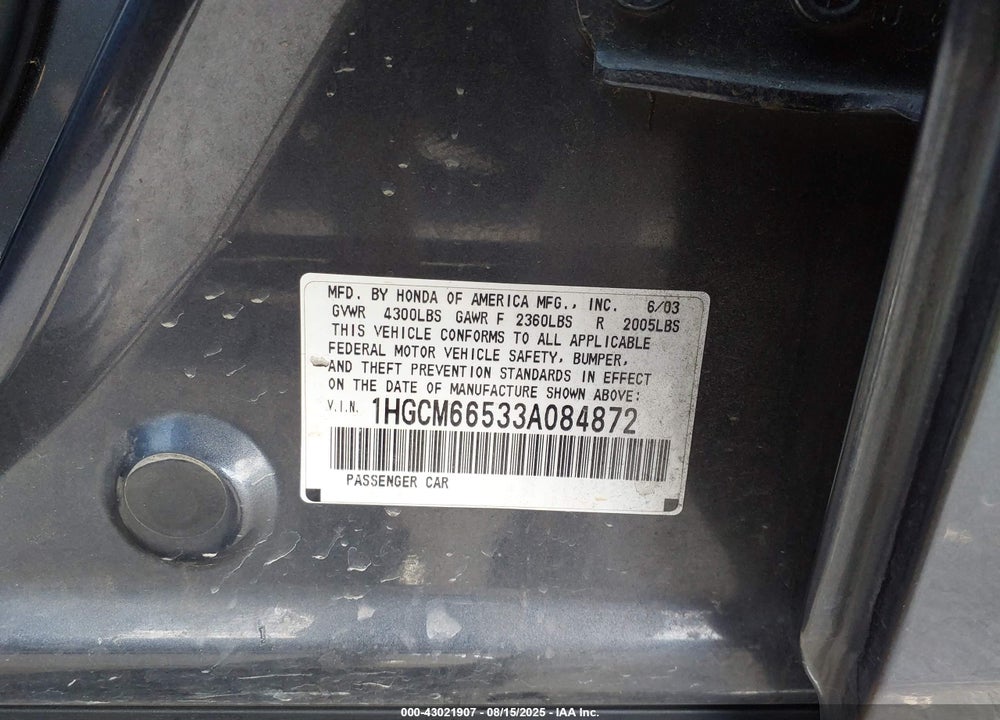 2003 HONDA ACCORD 3.0 EX VIN: 1HGCM66533A084872