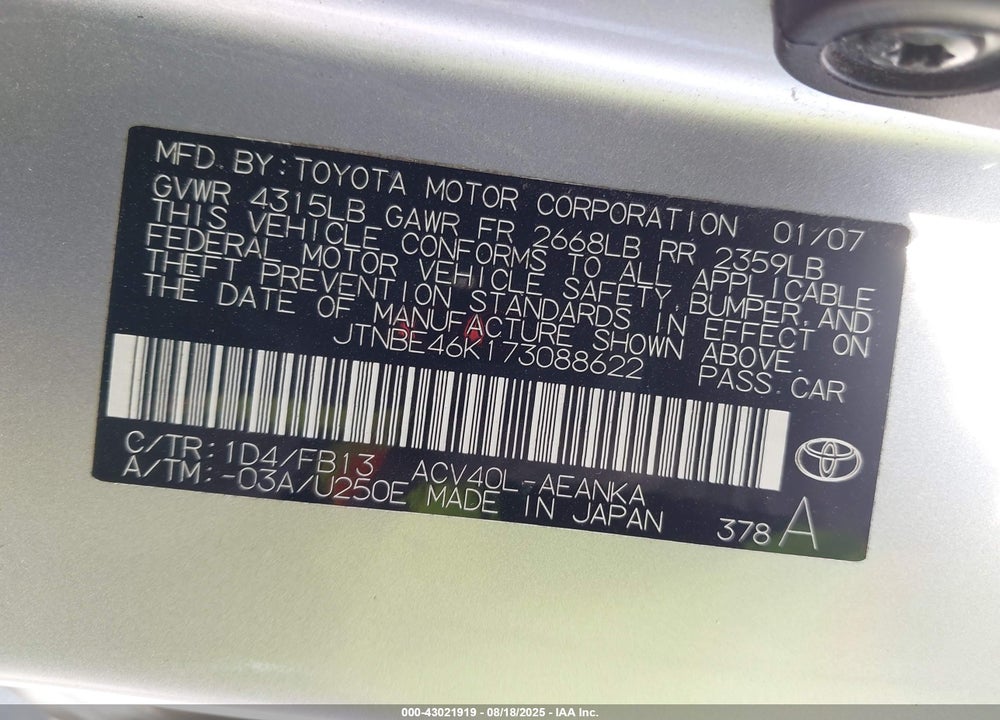 2007 TOYOTA CAMRY LE VIN: JTNBE46K173088622