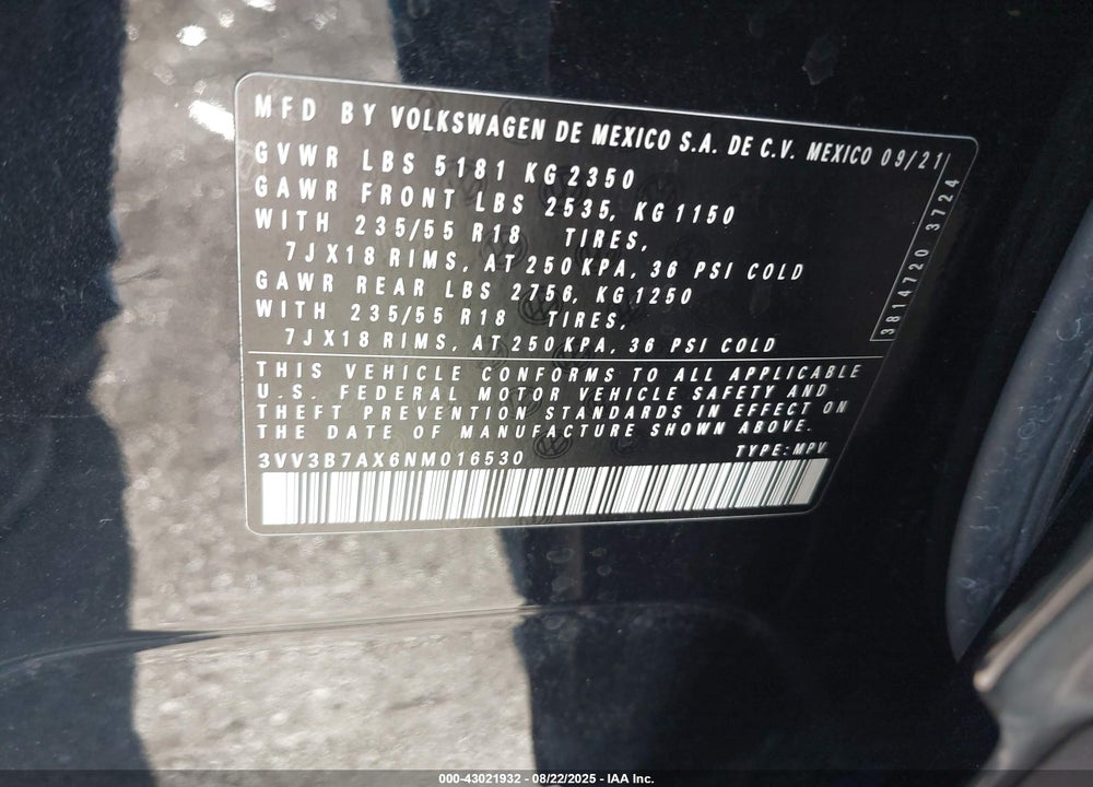 2022 VOLKSWAGEN TIGUAN VIN: 3VV3B7AX6NM016530