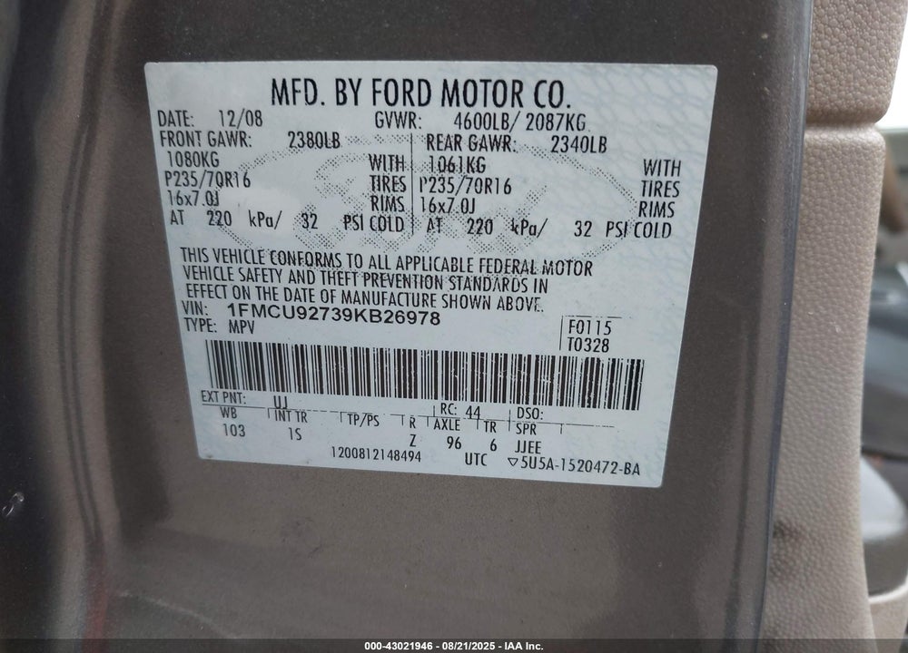 2009 FORD ESCAPE VIN: 1FMCU92739KB26978