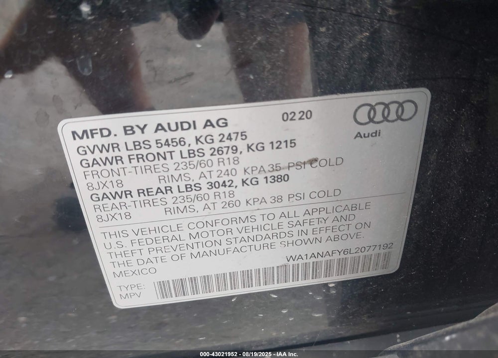 2020 AUDI Q5 VIN: WA1ANAFY6L2077192