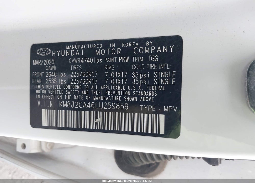 2020 HYUNDAI TUCSON VIN: KM8J2CA46LU259859