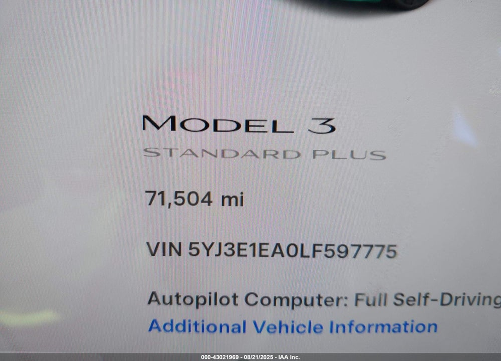 2020 TESLA MODEL 3 STANDARD RANGE PLUS REAR-WHEEL DRIVE/STANDARD RANGE REAR-WHEEL DRIVE VIN: 5YJ3E1EA0LF597775