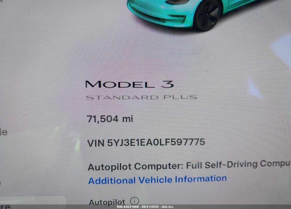 2020 TESLA MODEL 3 STANDARD RANGE PLUS REAR-WHEEL DRIVE/STANDARD RANGE REAR-WHEEL DRIVE VIN: 5YJ3E1EA0LF597775