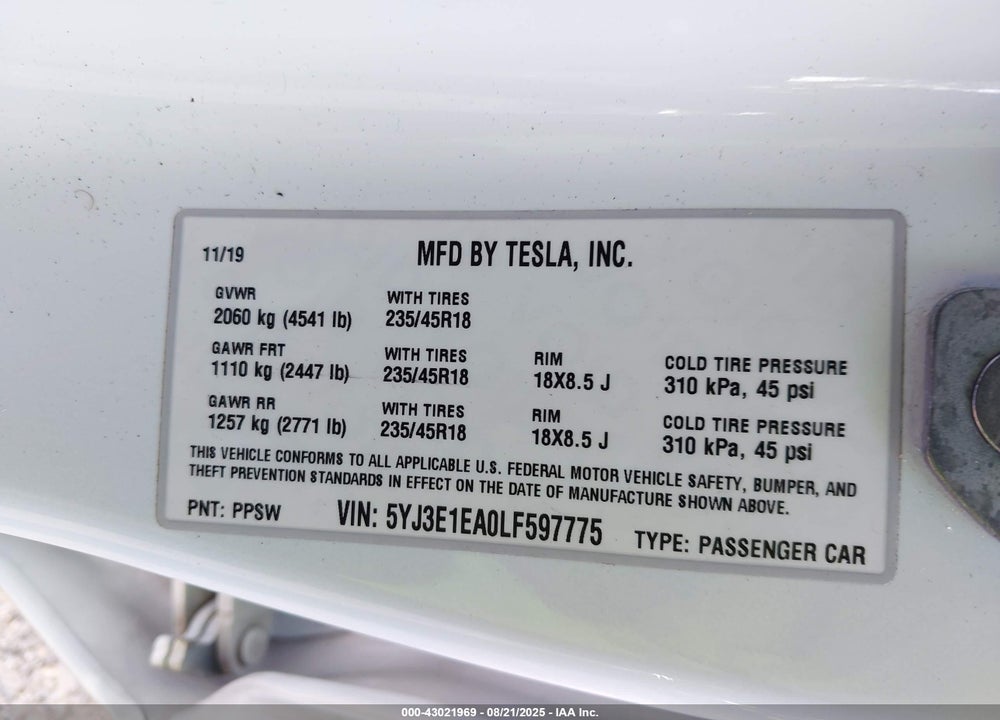 2020 TESLA MODEL 3 STANDARD RANGE PLUS REAR-WHEEL DRIVE/STANDARD RANGE REAR-WHEEL DRIVE VIN: 5YJ3E1EA0LF597775
