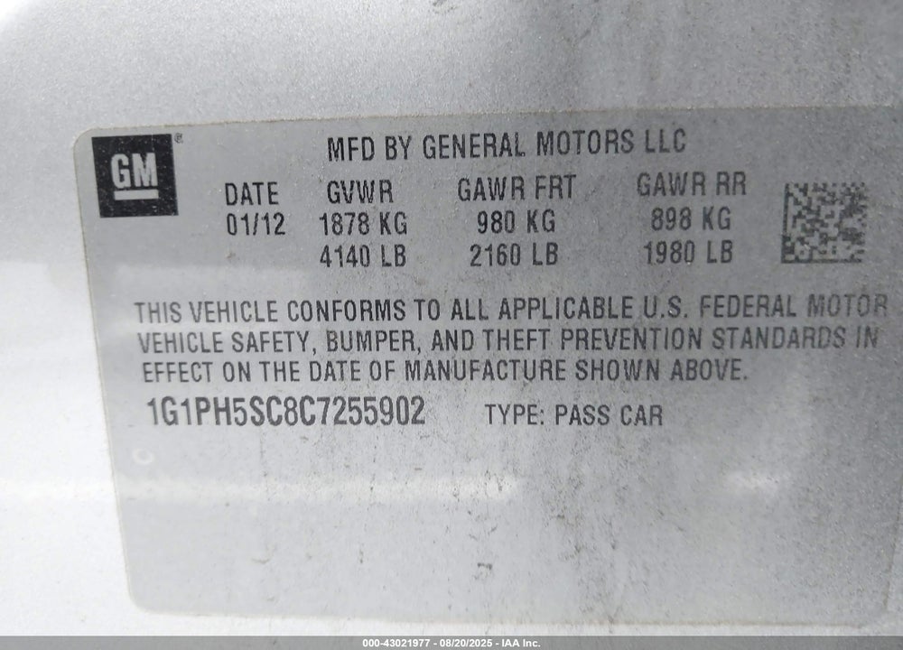 2012 CHEVROLET CRUZE VIN: 1G1PH5SC8C7255902
