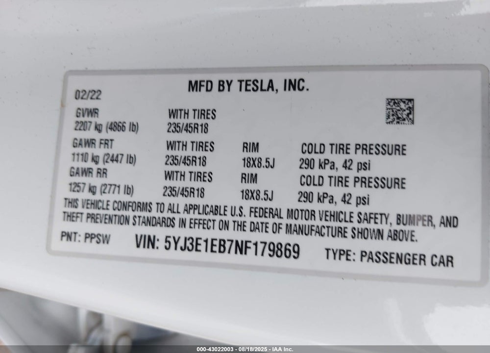 2022 TESLA MODEL 3 VIN: 5YJ3E1EB7NF179869