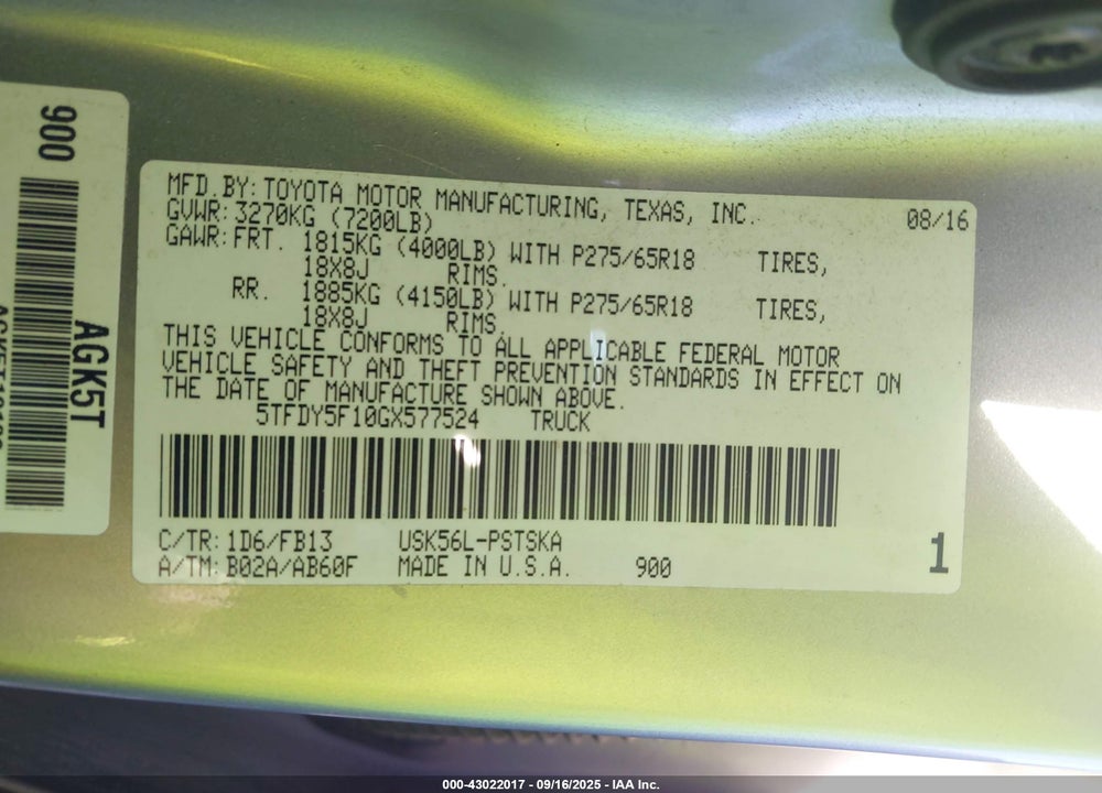 2016 TOYOTA TUNDRA VIN: 5TFDY5F10GX577524
