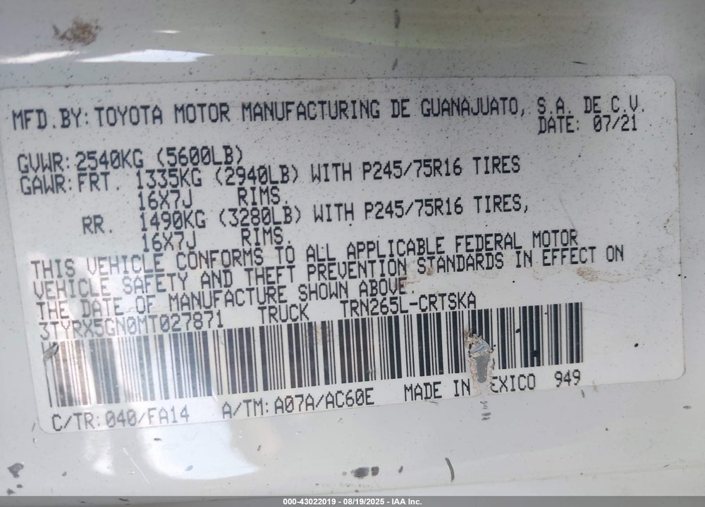 2021 TOYOTA TACOMA VIN: 3TYRX5GN0MT027871