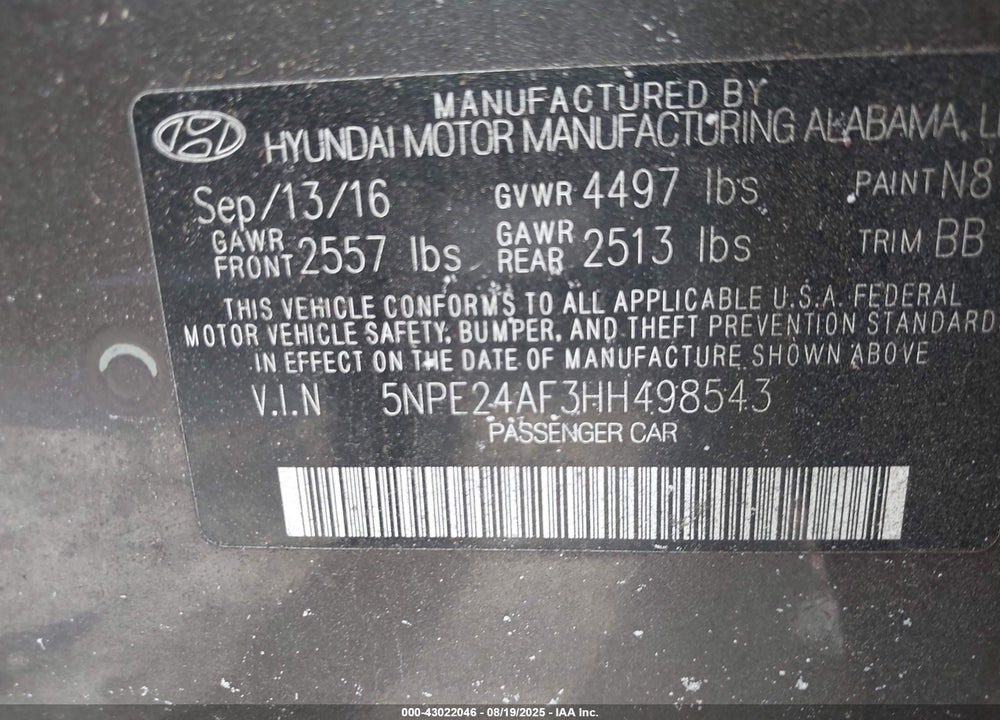 2017 HYUNDAI SONATA VIN: 5NPE24AF3HH498543