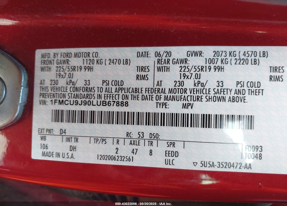 2020 FORD ESCAPE VIN: 1FMCU9J90LUB67888