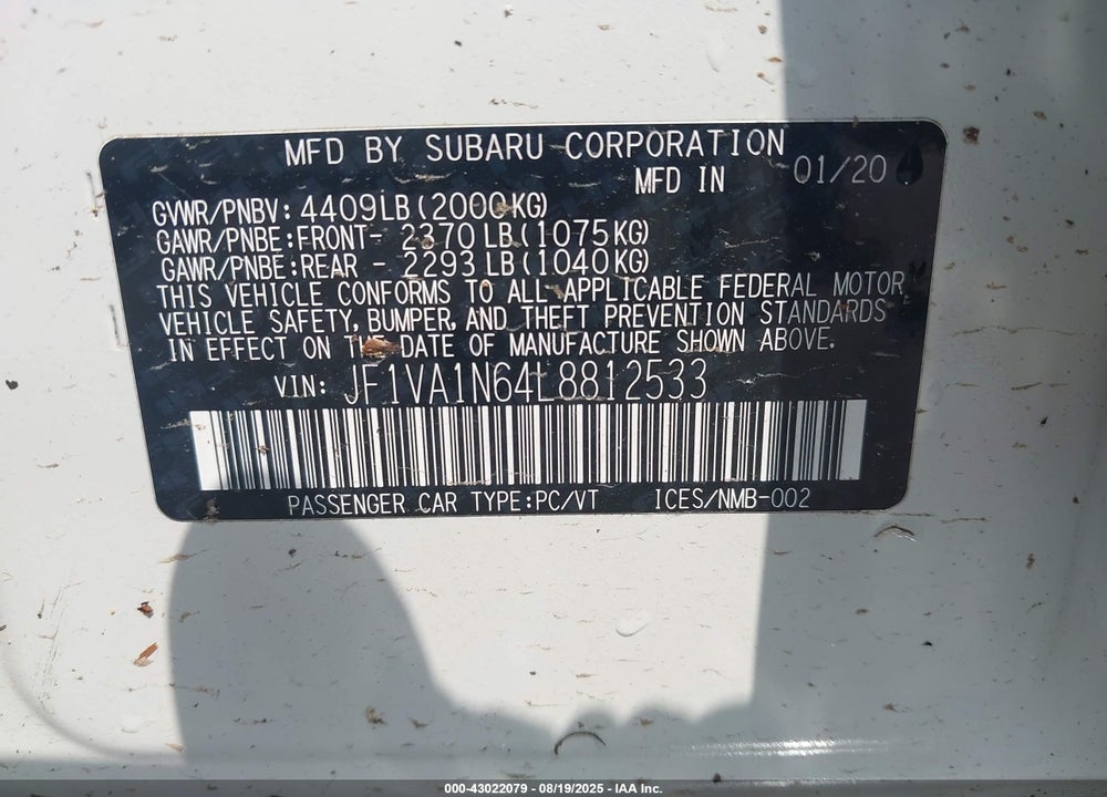 2020 SUBARU WRX VIN: JF1VA1N64L8812533