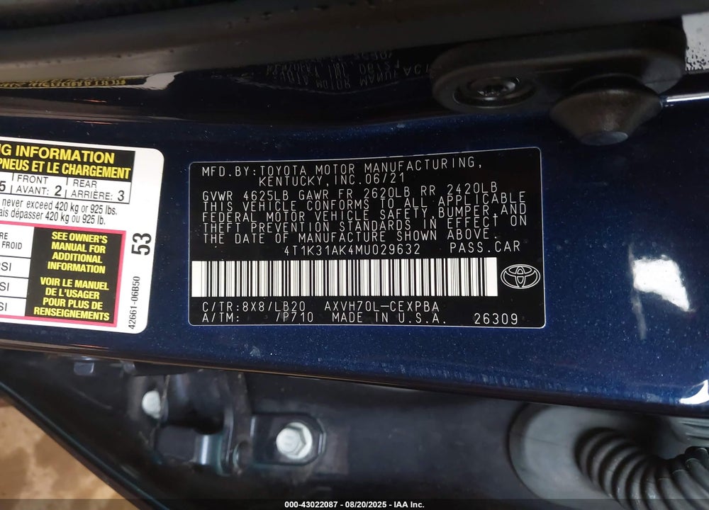 2021 TOYOTA CAMRY VIN: 4T1K31AK4MU029632