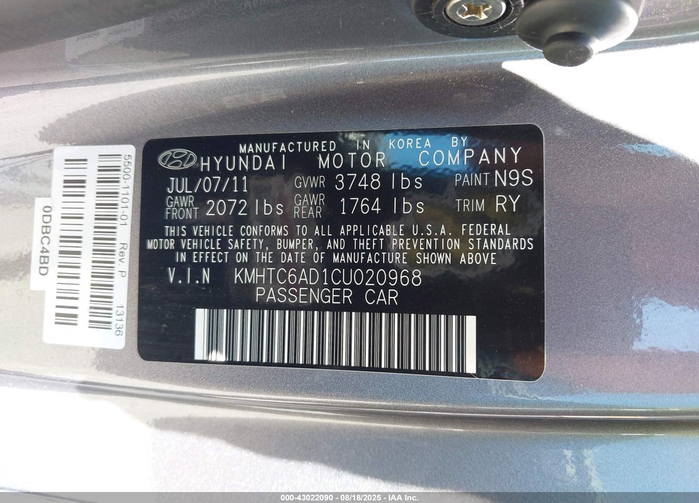 2012 HYUNDAI VELOSTER VIN: KMHTC6AD1CU020968