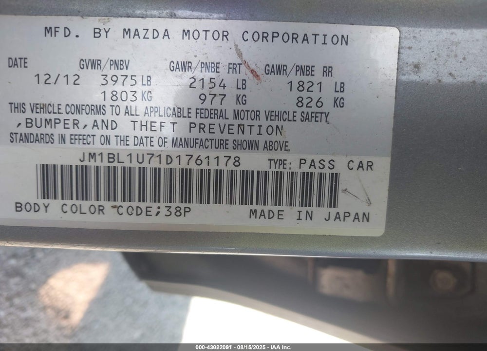 2013 MAZDA 3 VIN: JM1BL1U71D1761178