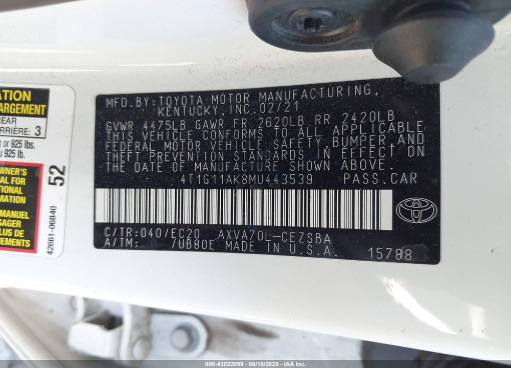 2021 TOYOTA CAMRY SE NIGHTSHADE EDITION VIN: 4T1G11AK8MU443539