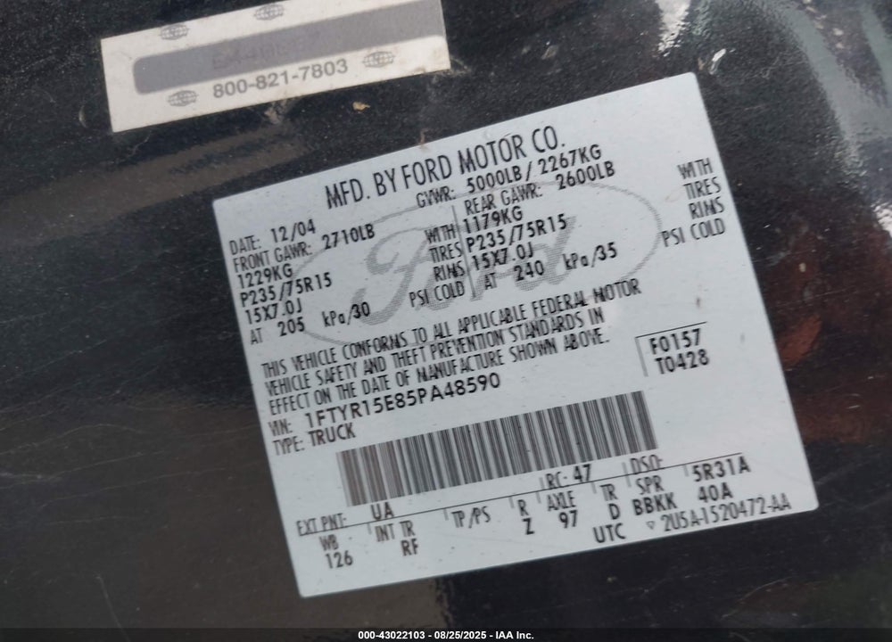 2005 FORD RANGER EDGE/XL/XLT VIN: 1FTYR15E85PA48590
