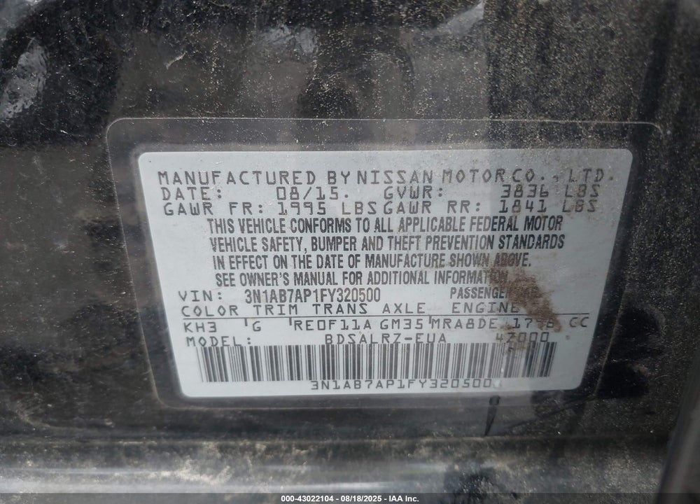 2015 NISSAN SENTRA SR VIN: 3N1AB7AP1FY320500