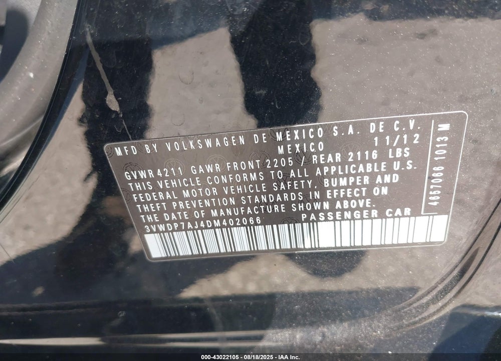 2013 VOLKSWAGEN JETTA VIN: 3VWDP7AJ4DM402066