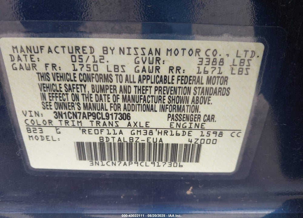 2012 NISSAN VERSA VIN: 3N1CN7AP9CL917306
