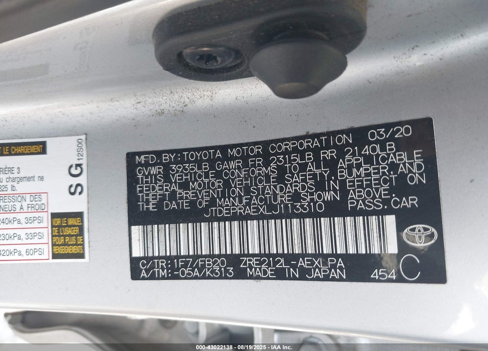 2020 TOYOTA COROLLA LE VIN: JTDEPRAEXLJ113310