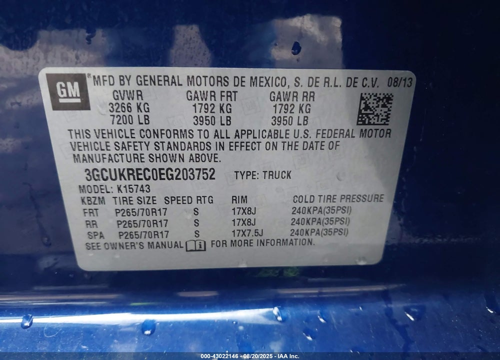 2014 CHEVROLET SILVERADO 1500 VIN: 3GCUKREC0EG203752