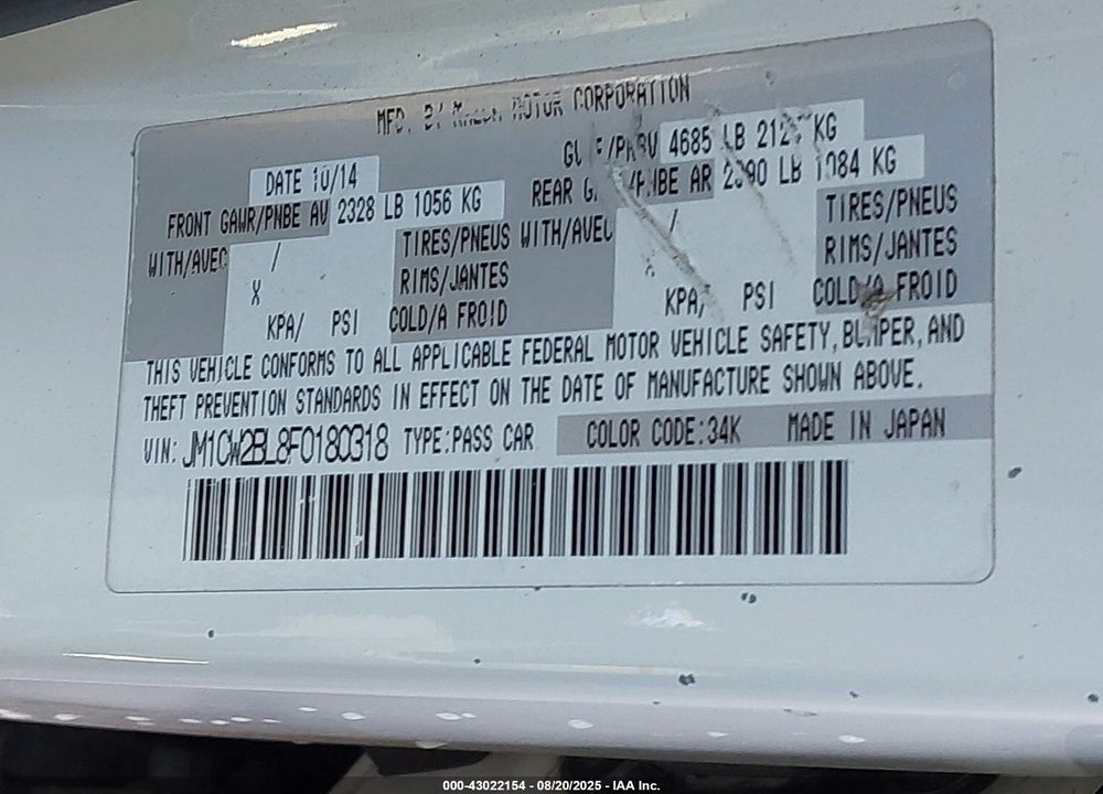 2015 MAZDA 5 VIN: JM1CW2BL8F0180318