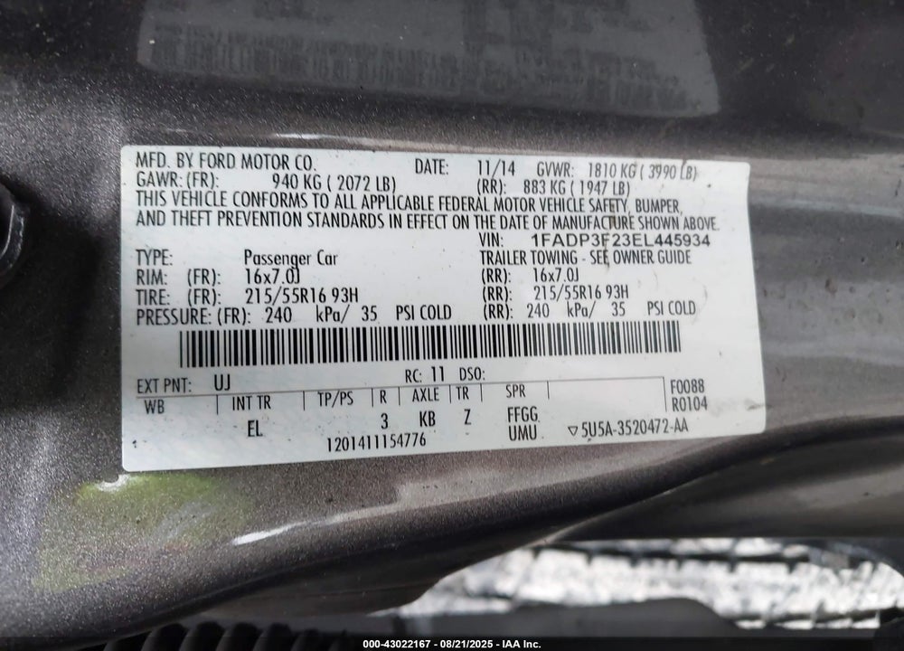 2014 FORD FOCUS VIN: 1FADP3F23EL445934