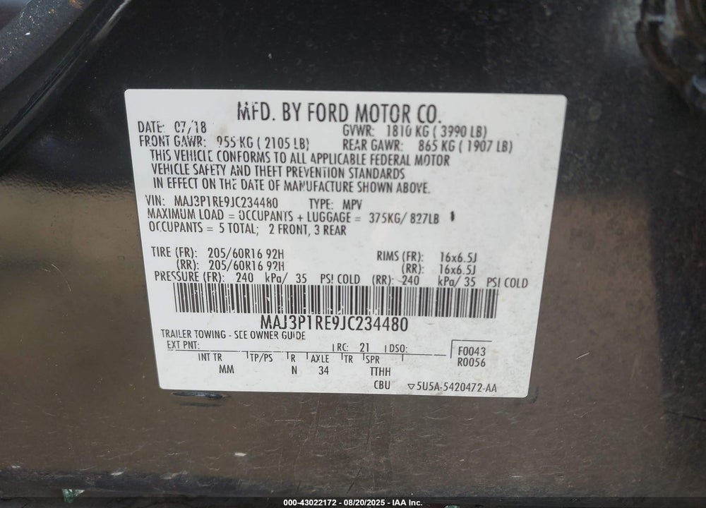 2018 FORD ECOSPORT VIN: MAJ3P1RE9JC234480