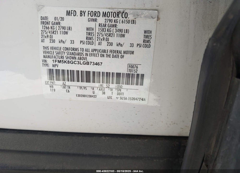 2020 FORD EXPLORER VIN: 1FM5K8GC3LGB73467