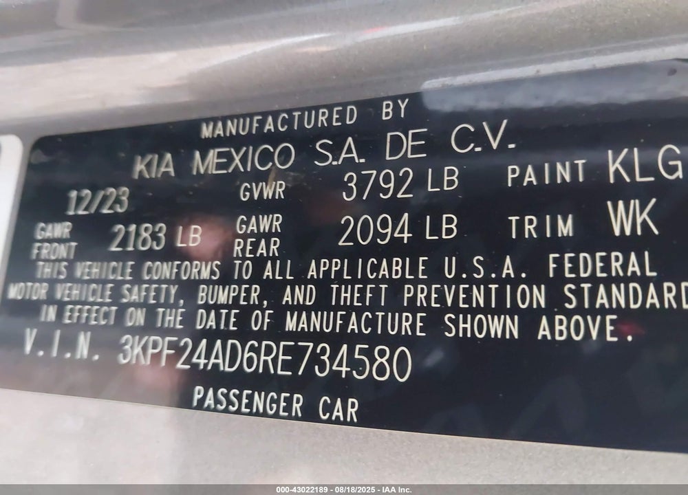 2024 KIA FORTE VIN: 3KPF24AD6RE734580