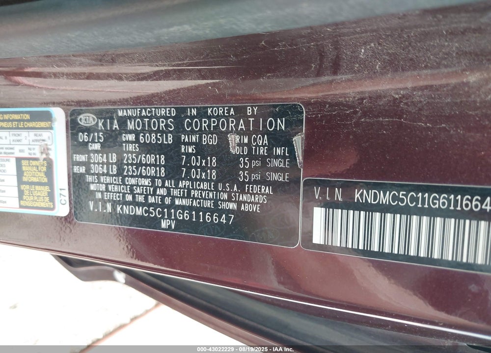 2016 KIA SEDONA EX VIN: KNDMC5C11G6116647