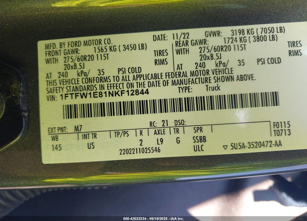 2022 FORD F-150 VIN: 1FTFW1E81NKF12844