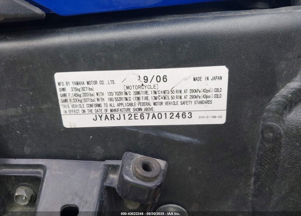 2007 YAMAHA YZFR6 L VIN: JYARJ12E67A012463